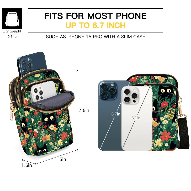 YINHEXI Small Crossbody Bags for Women, Mini Cell Phone Wallet Purse, Shoulder Bag for Women and Men (Green Flower Cat) - Image 3