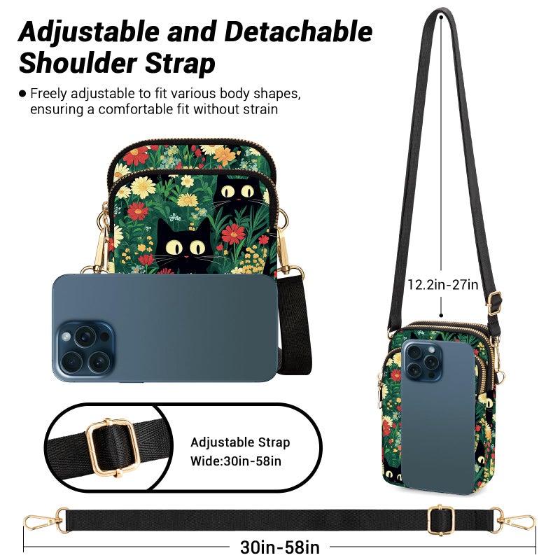 YINHEXI Small Crossbody Bags for Women, Mini Cell Phone Wallet Purse, Shoulder Bag for Women and Men (Green Flower Cat) - Image 5