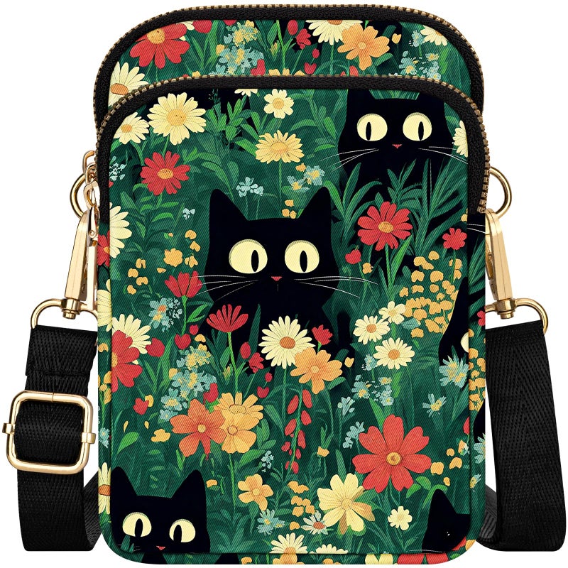 YINHEXI Small Crossbody Bags for Women, Mini Cell Phone Wallet Purse, Shoulder Bag for Women and Men (Green Flower Cat) - Image 1