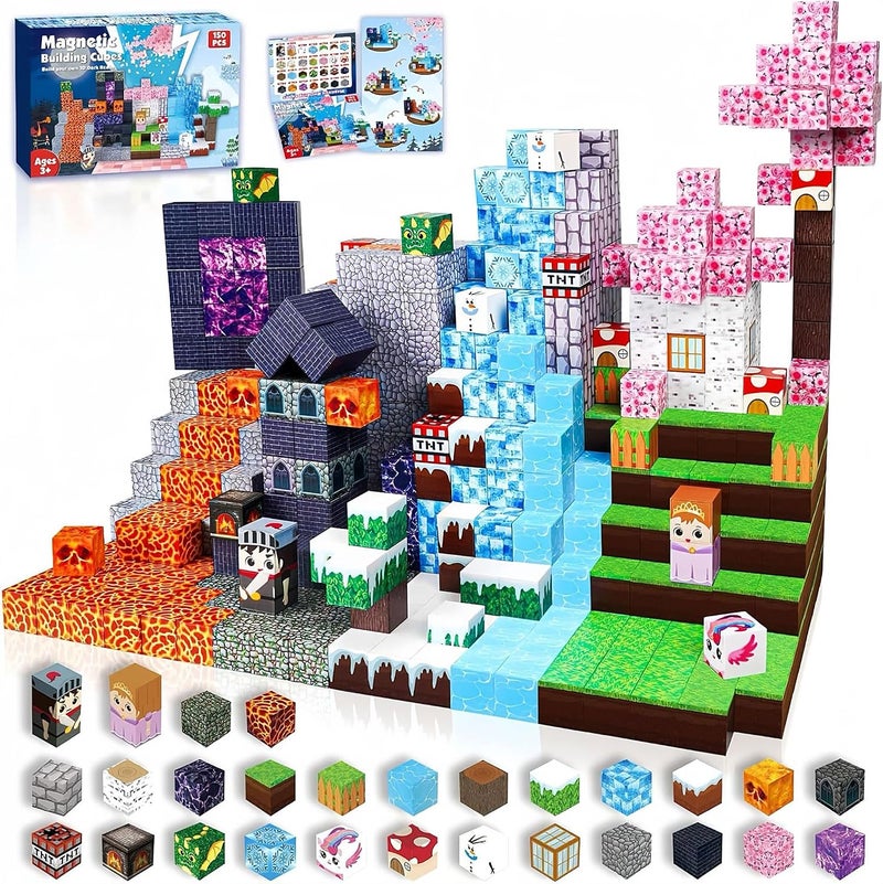 Moonmen 150Pcs 3D Magnetic Building Blocks Set, Toddler Toys STEM Sensory Outdoor Toys for 3+ Year Old Boys & Girls, Creative Kids Games (Ice & Fire) - Image 1