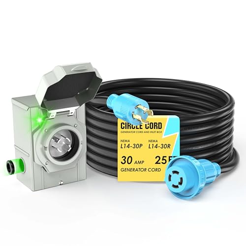 CircleCord 4 Prong 25 Feet 30 Amp Generator Extension Cord and Inlet Box with Locking Connector, Heavy Duty NEMA L14-30P/L14-30R, 125/250V 7500W 10 Gauge SJTW Generator to House Power Cord - Image 1
