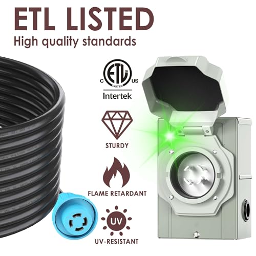 CircleCord 4 Prong 25 Feet 30 Amp Generator Extension Cord and Inlet Box with Locking Connector, Heavy Duty NEMA L14-30P/L14-30R, 125/250V 7500W 10 Gauge SJTW Generator to House Power Cord - Image 3