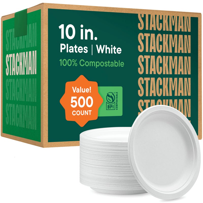 100 Compostable Paper Plates 10 Inch Bulk 500 Count HeavyDuty Dinner Plates Natural White Color Unbleached Bagasse EcoFriendly Disposable Biodegradable Sugarcane Plates Case 4125 Pack