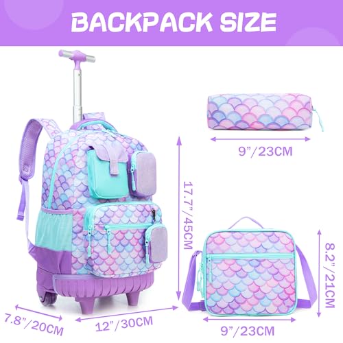 Meetbelify Rolling Backpack for Girls Mermaid Backpack with Wheels Kids Wheeled Backpacks for Elementary Students Roller Backpacks for Girls Ages 810 Back to School Supplies - Image 3