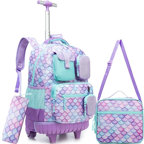 Meetbelify Rolling Backpack for Girls Mermaid Backpack with Wheels Kids Wheeled Backpacks for Elementary Students Roller Backpacks for Girls Ages 810 Back to School Supplies - Image 1