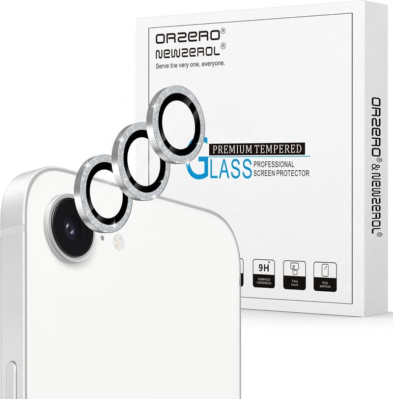 Orzero (3 Pack) Camera Lens Protector Compatible for iPhone 16e, Protector de Cámera Bling Individual 3D Alloy Metal Ring Glass Cover Case Friendly - Glitter Silver - Image 1