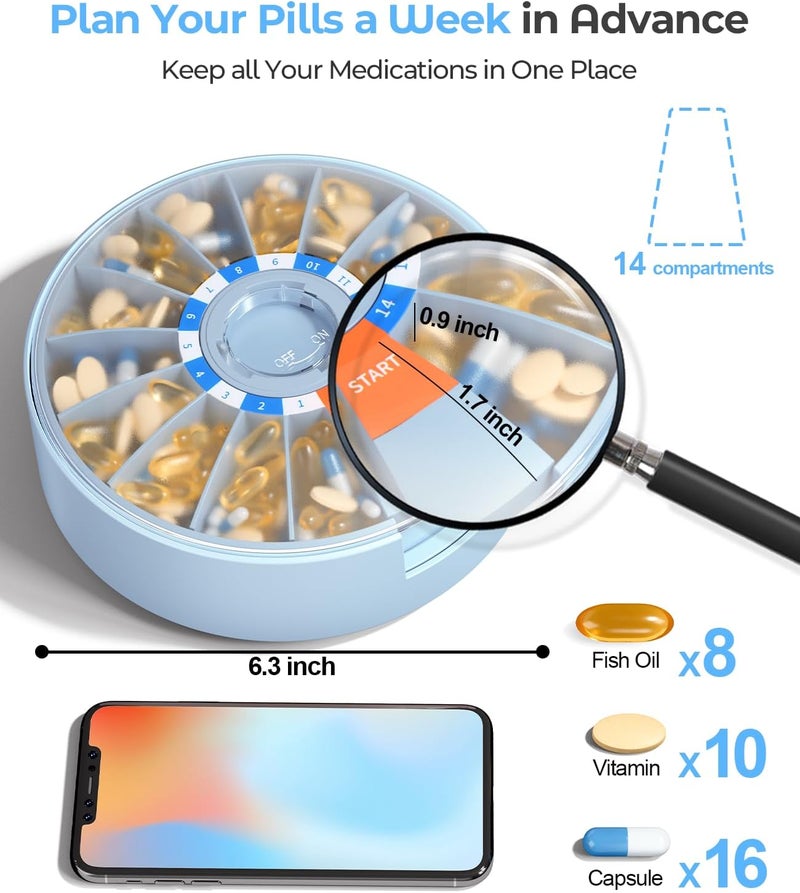 Daviky Pill Dispenser Daily, Large Pill Organizer with Wall-Mounted or Standing Use, 14 Days Pill Container, Push Button Design, Weekly Pill Box for Vitamin, Medicine,Supplement, Fish Oil(Blue) - Image 3