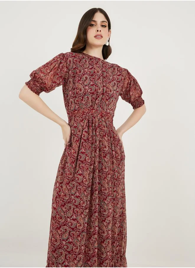 Maxim Creation Paisley Print Puff Sleeves A-Line Maxi Dress