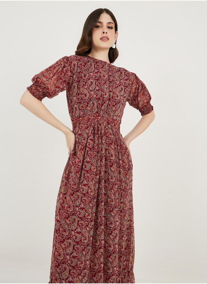 Maxim Creation - Paisley Print Puff Sleeves A-Line Maxi Dress by Styli - Image 1