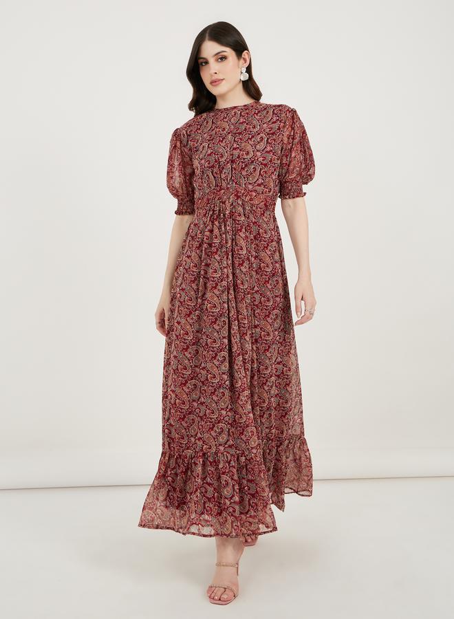 Take Two Paisley Print Puff Sleeves A-Line Maxi Dress - Image 1