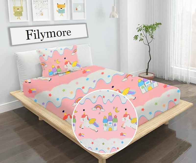 Filymore Star Unicorn Single Bedsheet for Kids Girls 240 TC Cute Cartoon Bedspread Microfiber Size 60 X 90 Inches 1 Bedsheet with Pillow Cover SkyBlue Red and White - Image 1