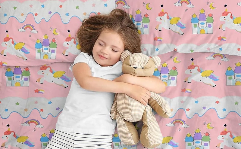 Filymore Star Unicorn Single Bedsheet for Kids Girls 240 TC Cute Cartoon Bedspread Microfiber Size 60 X 90 Inches 1 Bedsheet with Pillow Cover SkyBlue Red and White - Image 2