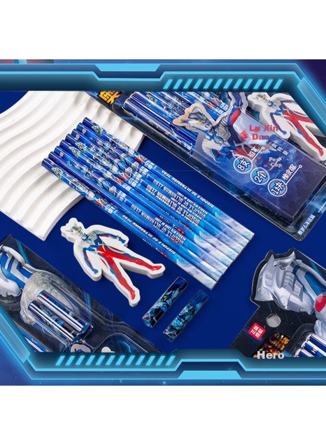 One Is Aozheng Pencil Stationery Set Hb First Grade Entry Junior High School Start-up Necessary Ultraman Gift Pack Student Supplies Gift 11-piece Set Pencil + Pen Cap + Eraser Zeta Yz7218 - Image 2