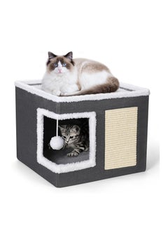 A.M Cat Bed for Indoor Cats, Large Covered Cat House with Scratch Pad, Foldable Cat Cave Bed & Hideaway Cube with Reversible Cushions, Cute Cat Condo for Multi Small Pet Kitten (Dark Grey)  - Image 1
