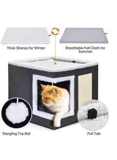 A.M Cat Bed for Indoor Cats, Large Covered Cat House with Scratch Pad, Foldable Cat Cave Bed & Hideaway Cube with Reversible Cushions, Cute Cat Condo for Multi Small Pet Kitten (Dark Grey)  - Image 3
