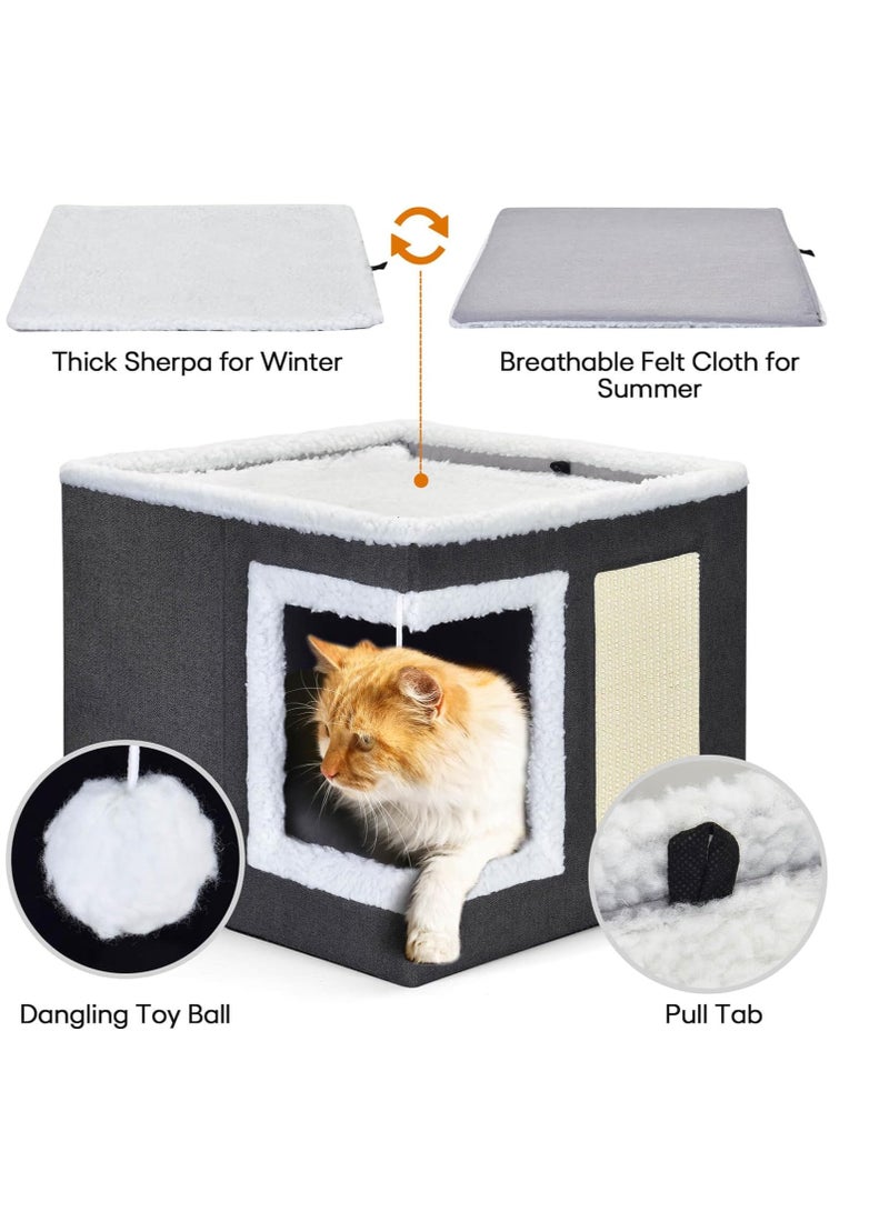 A.M Cat Bed for Indoor Cats, Large Covered Cat House with Scratch Pad, Foldable Cat Cave Bed & Hideaway Cube with Reversible Cushions, Cute Cat Condo for Multi Small Pet Kitten (Dark Grey) - Image 3