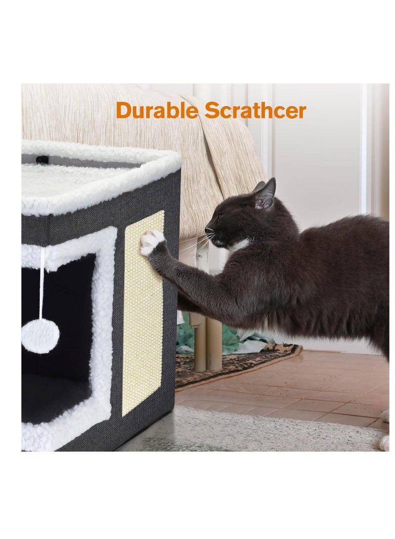 A.M Cat Bed for Indoor Cats, Large Covered Cat House with Scratch Pad, Foldable Cat Cave Bed & Hideaway Cube with Reversible Cushions, Cute Cat Condo for Multi Small Pet Kitten (Dark Grey) - Image 4