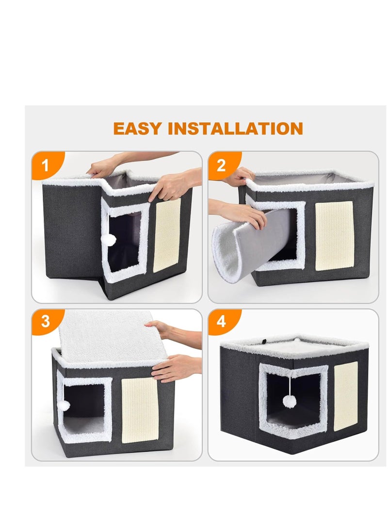 A.M Cat Bed for Indoor Cats, Large Covered Cat House with Scratch Pad, Foldable Cat Cave Bed & Hideaway Cube with Reversible Cushions, Cute Cat Condo for Multi Small Pet Kitten (Dark Grey) - Image 2
