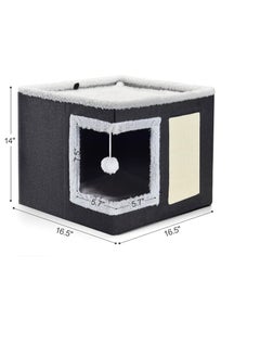 A.M Cat Bed for Indoor Cats, Large Covered Cat House with Scratch Pad, Foldable Cat Cave Bed & Hideaway Cube with Reversible Cushions, Cute Cat Condo for Multi Small Pet Kitten (Dark Grey)  - Image 5