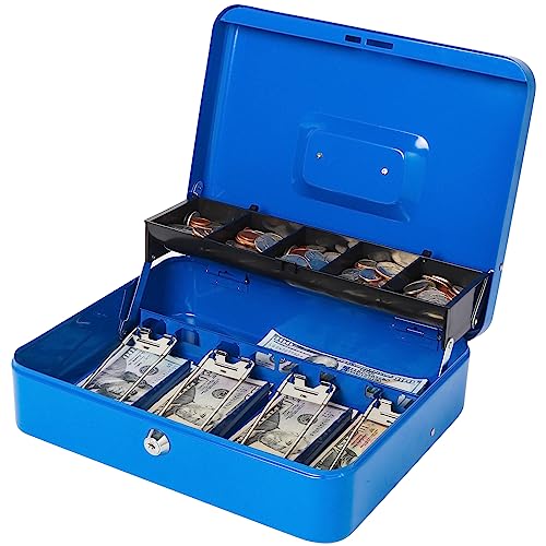 Jssmst Locking Large Metal Cash Box with Money Tray, Lock Money Box with Key, Blue, CB00513XL - Image 5