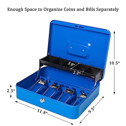 Jssmst Locking Large Metal Cash Box with Money Tray, Lock Money Box with Key, Blue, CB00513XL - Image 4