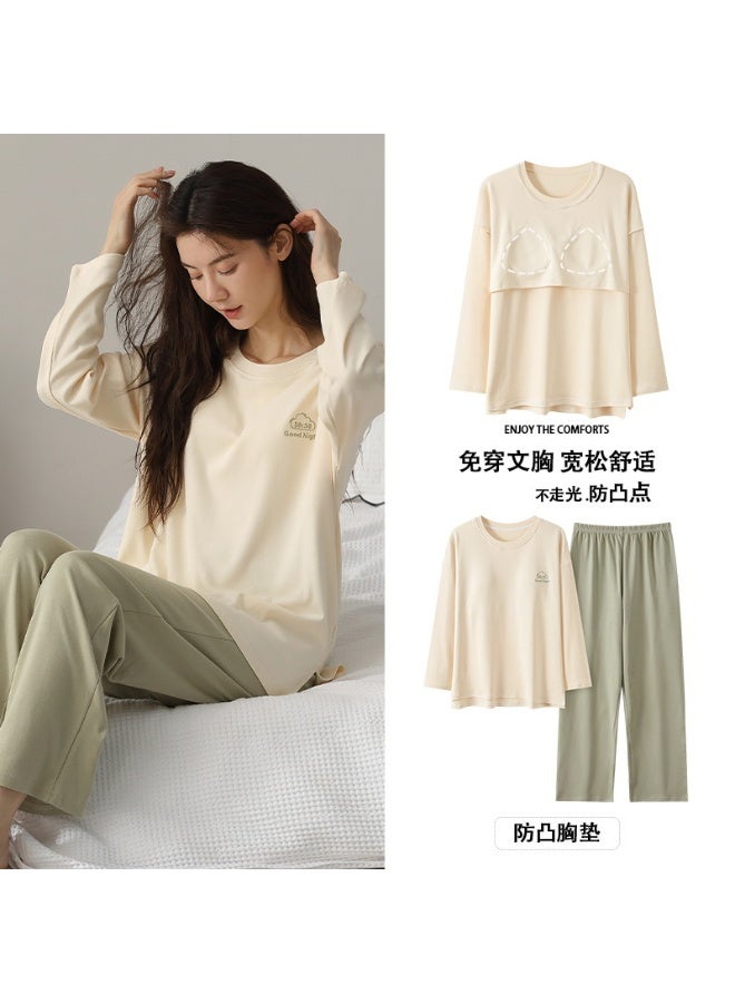 Women's Sweetcute Autumn Cotton Pajama Set Long Sleeves Chest Pad Underwear Clothes For Home Outerwear Spring Season - Image 1