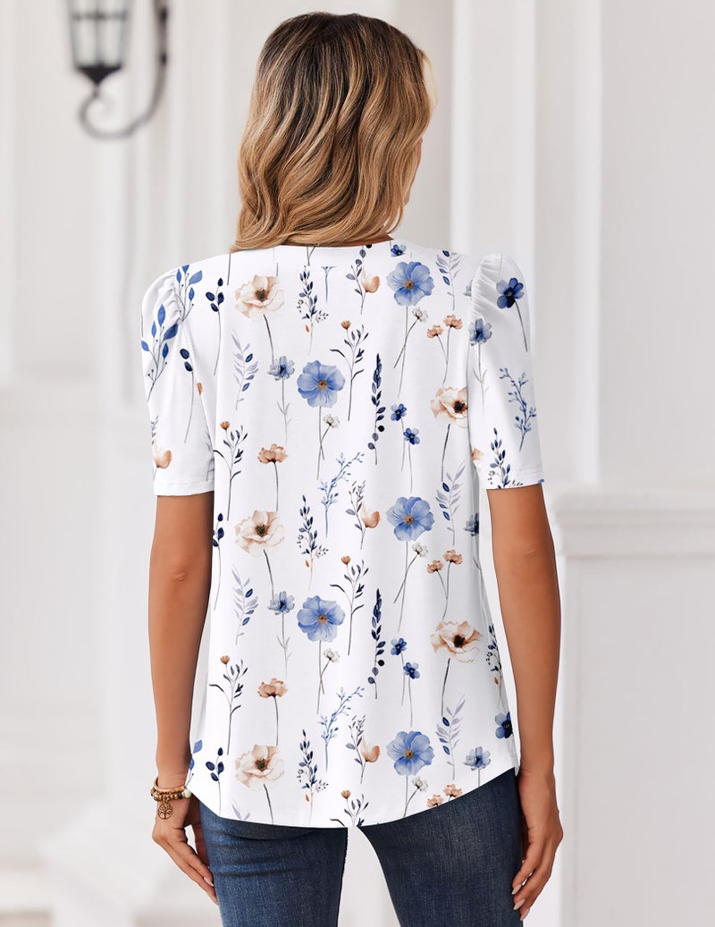 Zeagoo Women's Tops Casual Puff Short Sleeve Blouses V Neck Dress Shirts Boho Floral Tunic 2026 Office Work Clothes - Image 5
