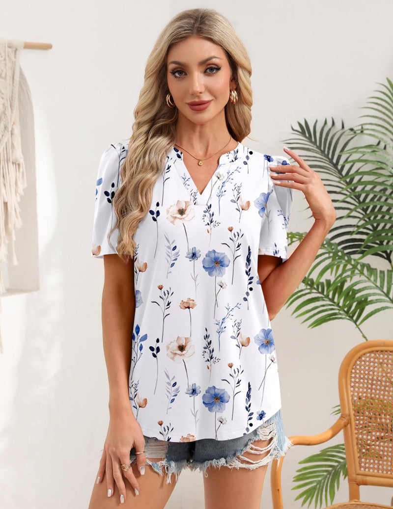 Zeagoo Women's Tops Casual Puff Short Sleeve Blouses V Neck Dress Shirts Boho Floral Tunic 2026 Office Work Clothes - Image 3