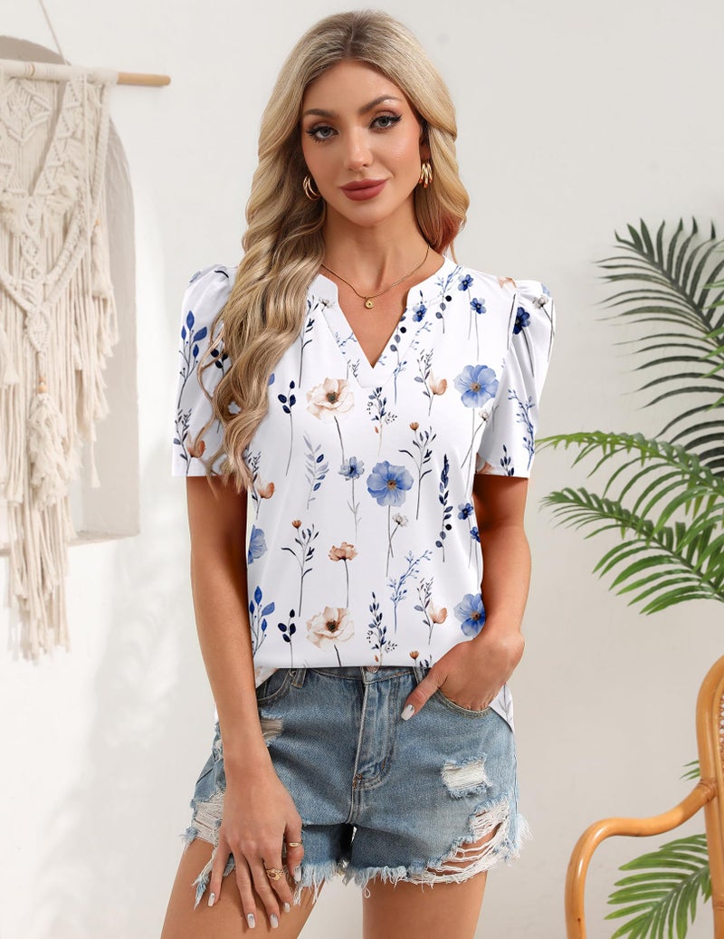 Zeagoo Women's Tops Casual Puff Short Sleeve Blouses V Neck Dress Shirts Boho Floral Tunic 2026 Office Work Clothes - Image 4