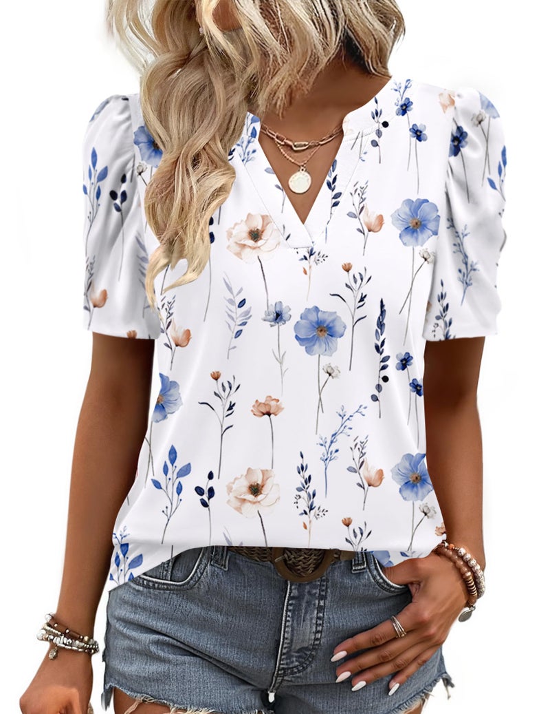 Zeagoo Women's Tops Casual Puff Short Sleeve Blouses V Neck Dress Shirts Boho Floral Tunic 2026 Office Work Clothes - Image 1