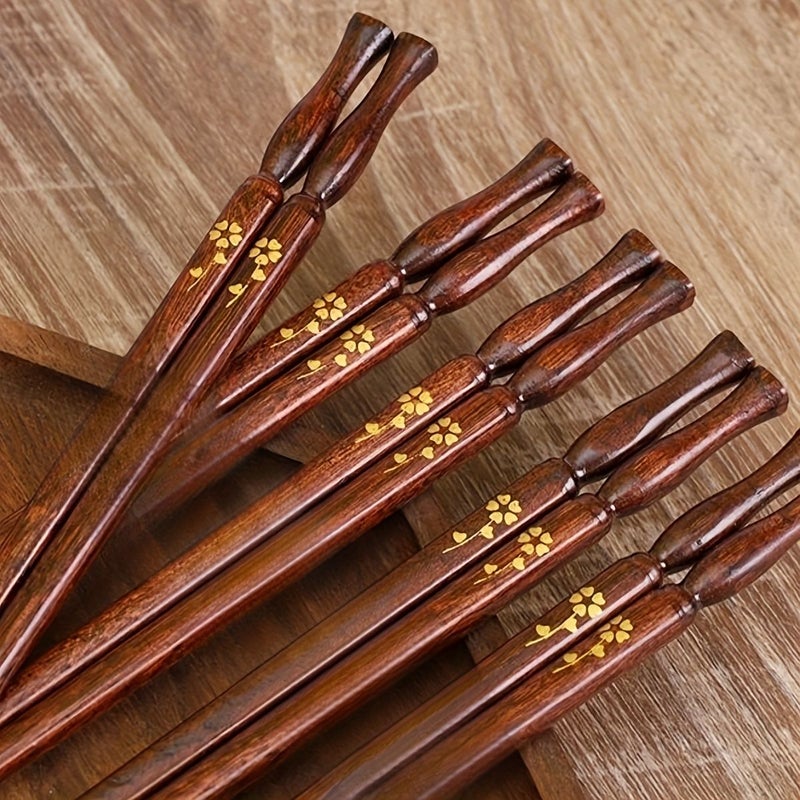 Natural Solid Wood Small Golden Flowerwood Chopsticks 10 Pairs Pack For Home Kitchen Dining Durable Antislip Easy Clean Golden Bottle Base Handcrafted Premium Reusable Stylish Tableware - Image 4