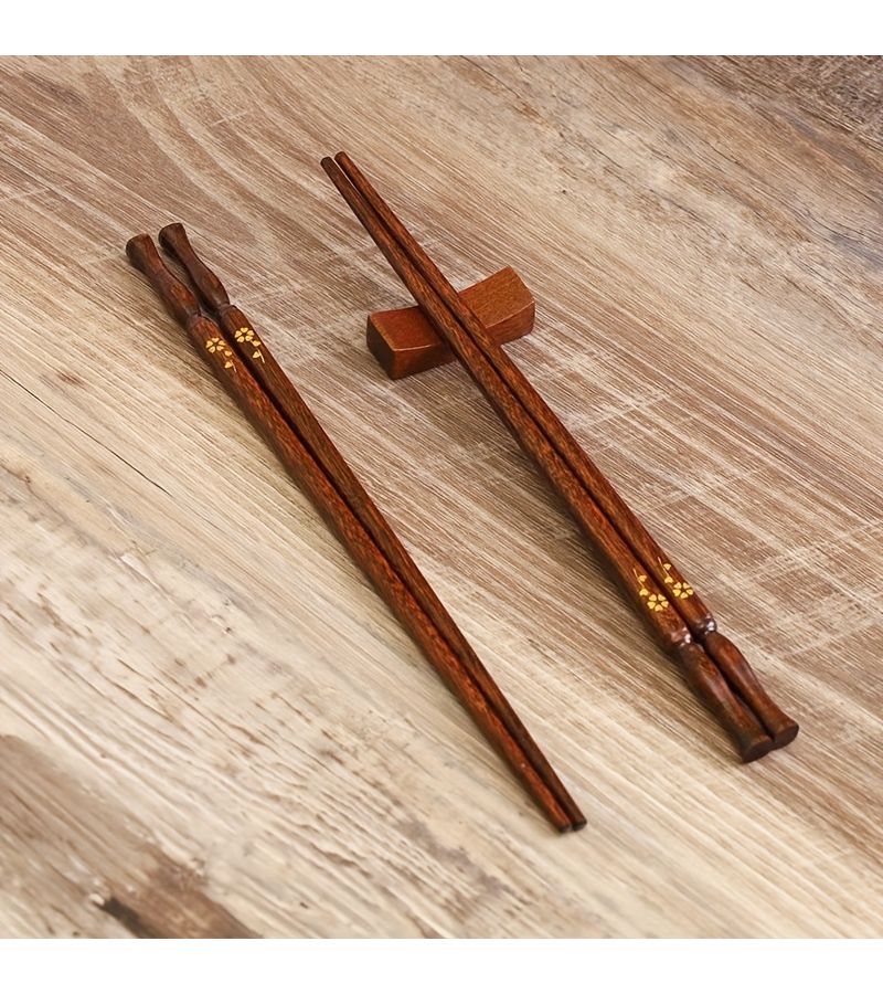 Natural Solid Wood Small Golden Flowerwood Chopsticks 10 Pairs Pack For Home Kitchen Dining Durable Antislip Easy Clean Golden Bottle Base Handcrafted Premium Reusable Stylish Tableware - Image 3