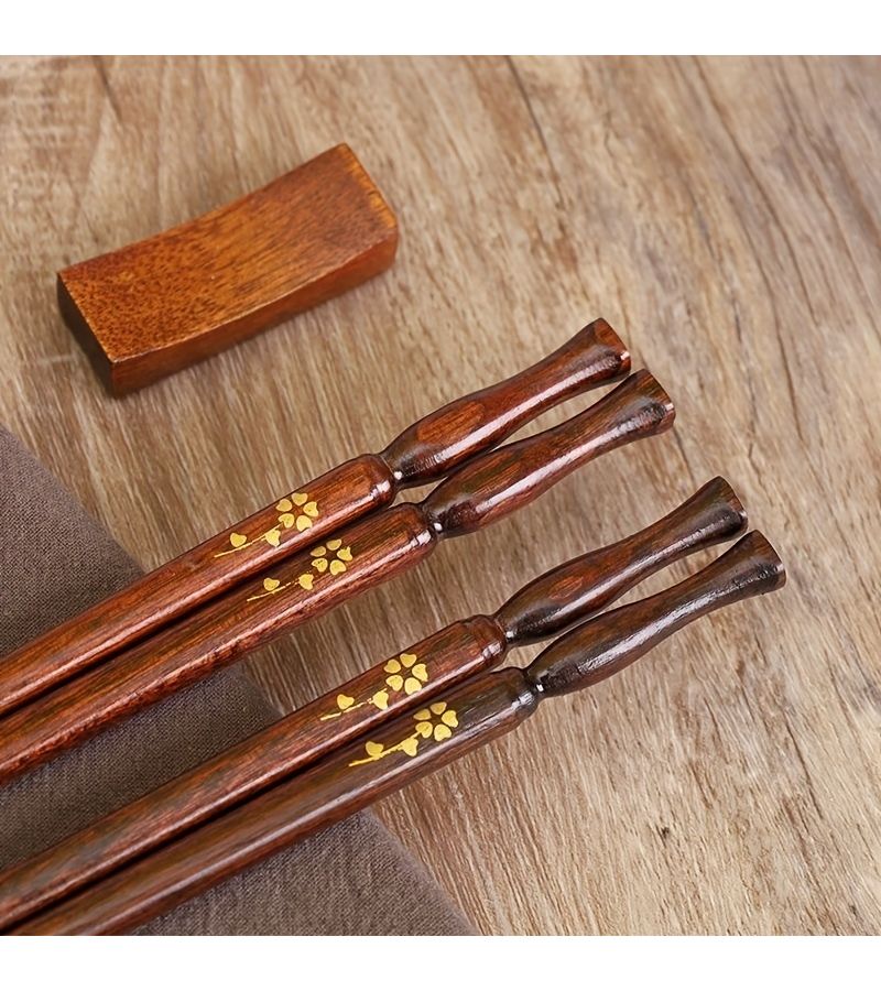 Natural Solid Wood Small Golden Flowerwood Chopsticks 10 Pairs Pack For Home Kitchen Dining Durable Antislip Easy Clean Golden Bottle Base Handcrafted Premium Reusable Stylish Tableware - Image 1