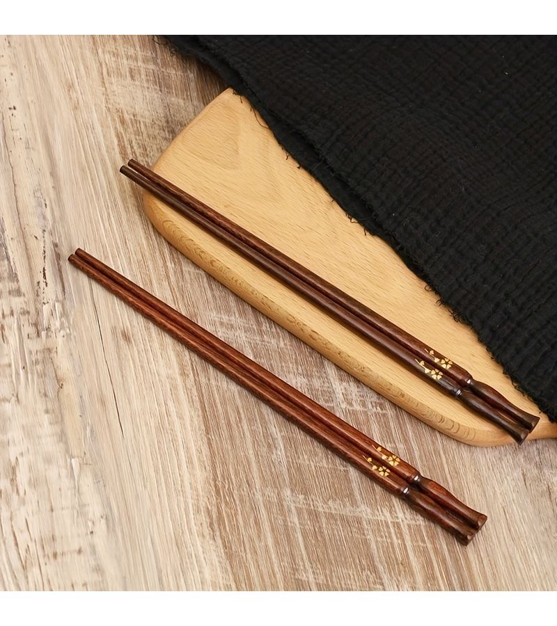 Natural Solid Wood Small Golden Flowerwood Chopsticks 10 Pairs Pack For Home Kitchen Dining Durable Antislip Easy Clean Golden Bottle Base Handcrafted Premium Reusable Stylish Tableware - Image 5