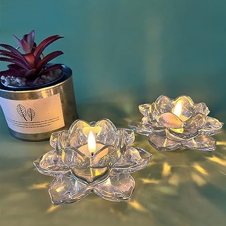 LARYNX Glass Lotus Flower Diya Set of 2 Premium Tealight Candle Holder Diya Perfect for Lighting Decoration Corporate Gifts Home Decor and Festival Like Diwali Christmas - Image 1