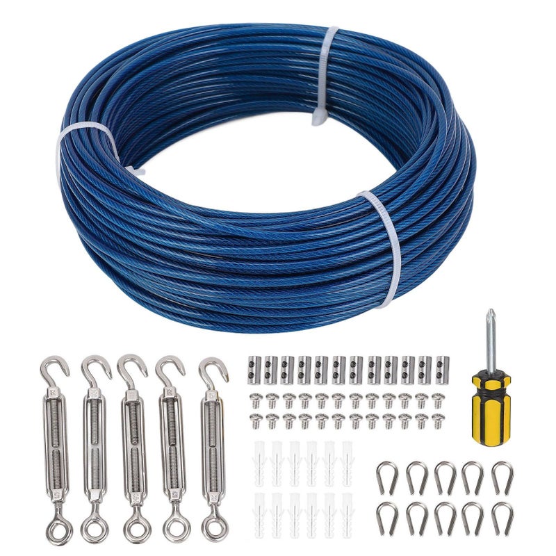 Blue Plastic Coated Steel Wire Rope Lock Tensioner Kit 100 Feet 3mm for Washing Line Plant Fence Outdoor - Image 2