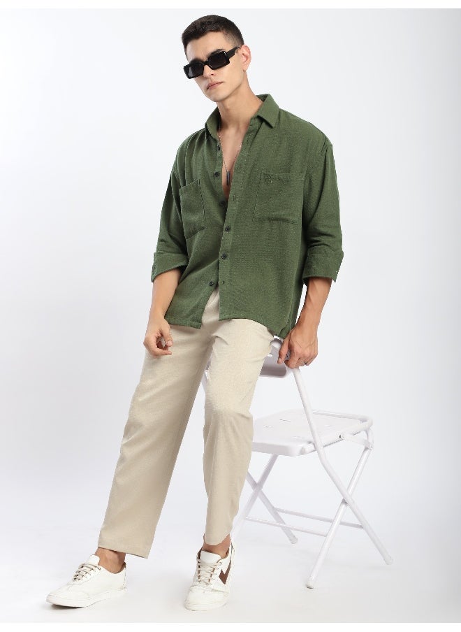 Beyoung Olive Dual Pocket Cotton Shirt  - Image 2