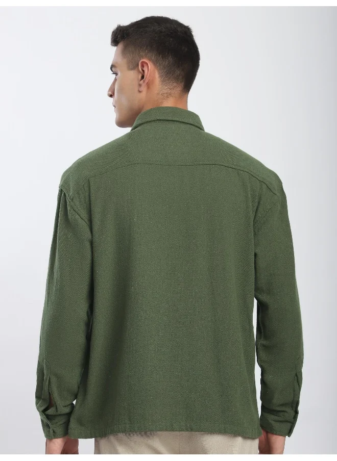 Beyoung Olive Dual Pocket Cotton Shirt