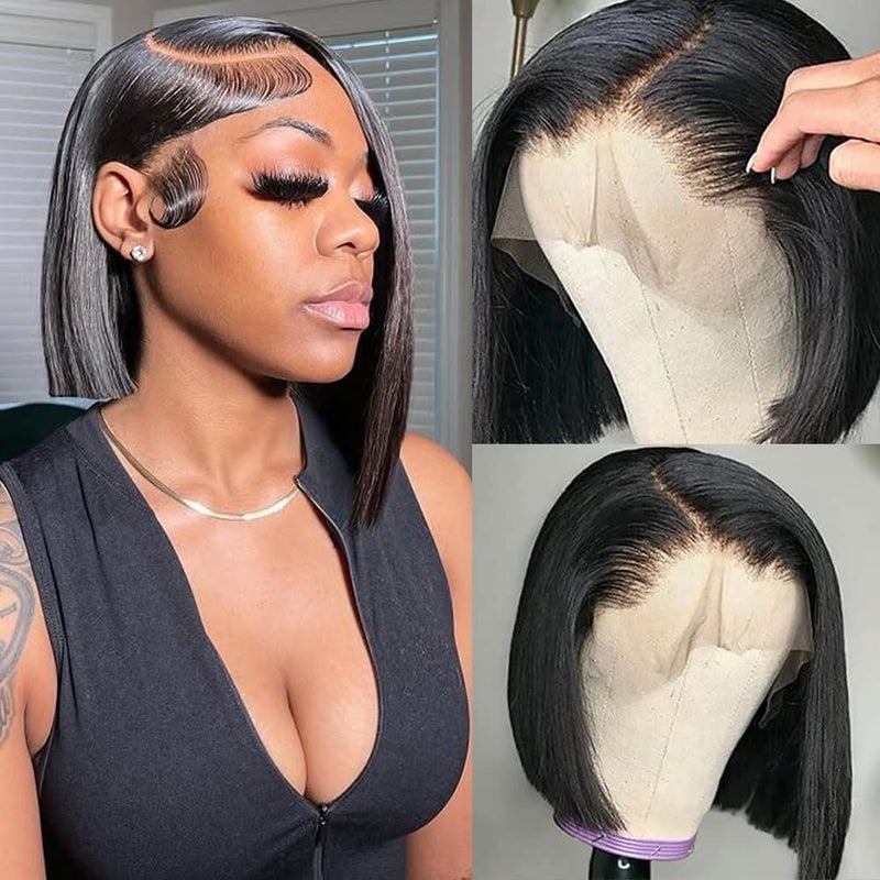 Royal Lady 13x4 Lace Front Straight Short Bob Wigs Human Hair 150 Density Brazilian Virgin Straight Bob Wigs for Black Women Glueless Human Hair Bob Wigs Pre Plucked with Baby Hair Natural Color 16 Inch
