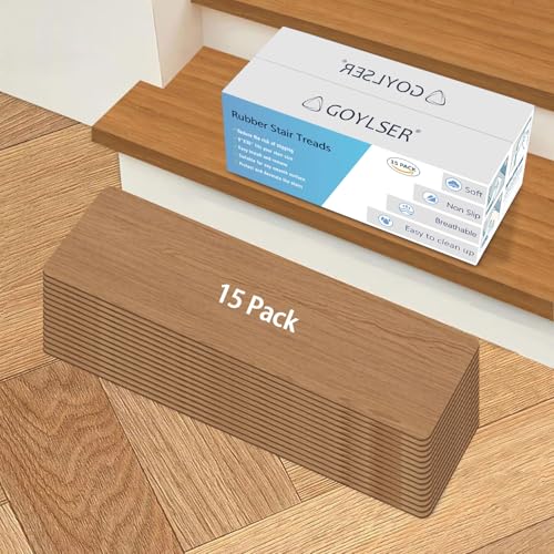 GOYLSER Rubber Stair Treads Non Slip Set of 15, 30"x8" Stair Pads for Wooden Stairs, Waterproof Basement Rugs for Steps Indoor Stairs for Pet, Kids and Elderly, Brown Wooden - Image 2