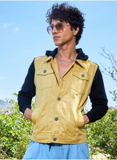 Campus Sutra Men's Black & Yellow Light-Wash Denim Jacket With Sweatshirt Sleeve  - Image 1