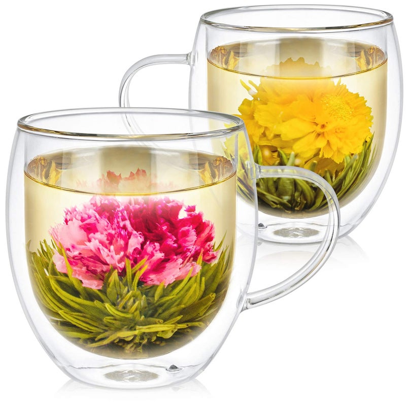 Teabloom Oversized Insulated Borosilicate Glass Mugs 17 oz 500 ml Set Includes 2 Mugs 2 Blooming Teas Premium Quality Microwave Safe Glasses