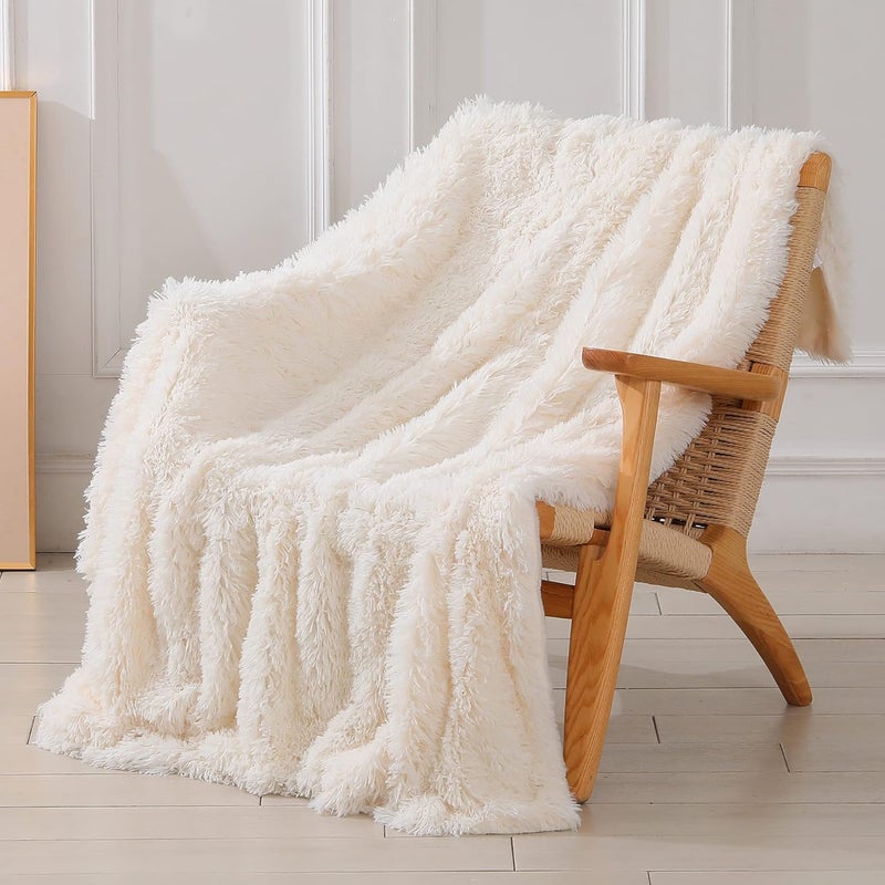 Tuddrom Decorative Extra Soft Fuzzy Faux Fur Throw Blanket 50" x 60",Solid Reversible Lightweight Long Hair Shaggy Blanket,Fluffy Cozy Plush Comfy Microfiber Fleece Blankets for Couch Sofa Bedroom,Cream White - Image 1