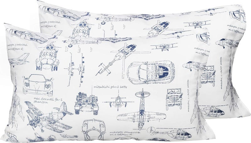 Cute Cartoon Cars Tank Helicopter Aircraft Vehicles 2 Pcs Standard Pillowcase 100% Natural Cotton 20" X 30" Pillowcase for Kids Toddler Boys Girls Bedding Decoration (6)