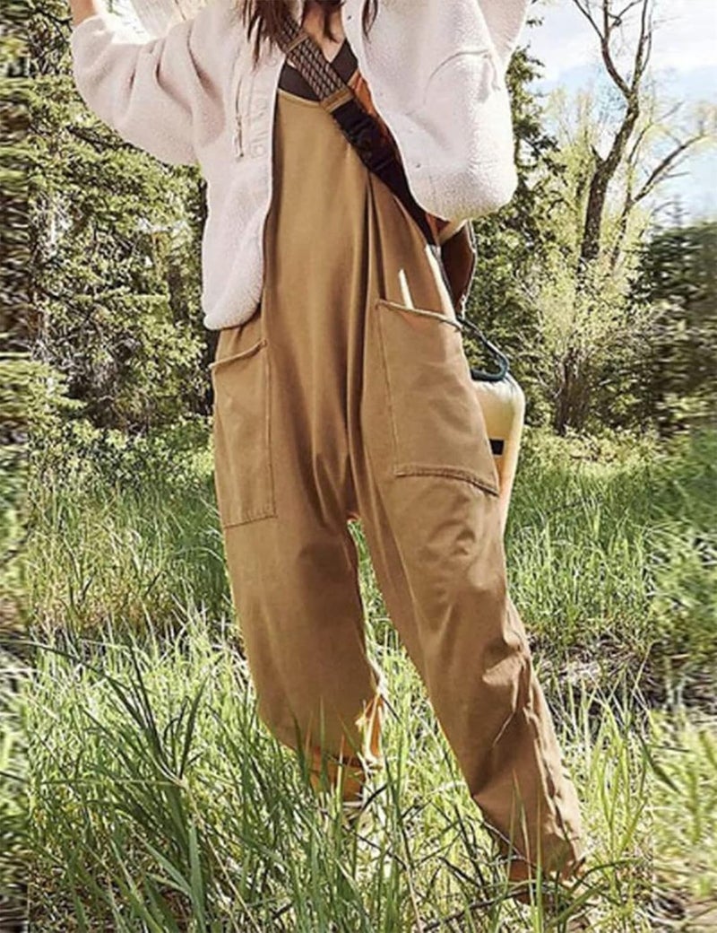 comfrt Taineideocly Jumpsuit, Oversized Overalls Pants Baggy Women Loose Fit, Wide Leg Jumpsuits Pockets Women V Neck - Image 2