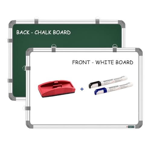 YAJNAS White Board 1.5X2 Feet Non-Magnetic Double Sided Whiteboard & Chalkboard Both Side Writing Board with 2 whiteboard Markers + 1 White Board Duster - Set of 4 Items - Image 1