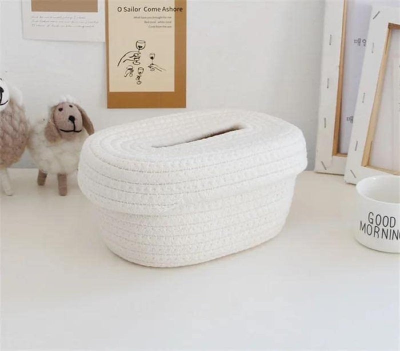 AUGEN Cotton Rope Tissue Paper Holder Organizer Box | Handcrafted Washable Tissue Container for 100 Pulls | Eco-Friendly Towel Dispenser for Office, Bedroom, Car, Dining Table & Home Decor (White) - Image 2