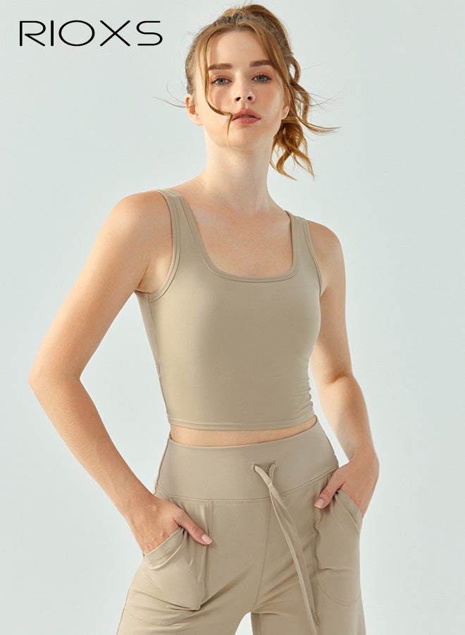 ريوكس حمالات صدر رياضية نسائية بظهر متقاطع، حمالة صدر رياضية قصيرة قابلة للتهوية، بفتحة رقبة مربعة، مزودة ببطانات مدمجة، حمالة صدر رياضية مرنة متوسطة الدعم، مناسبة للجري والمشي وركوب الخيل، لون كاكي. - Image 1
