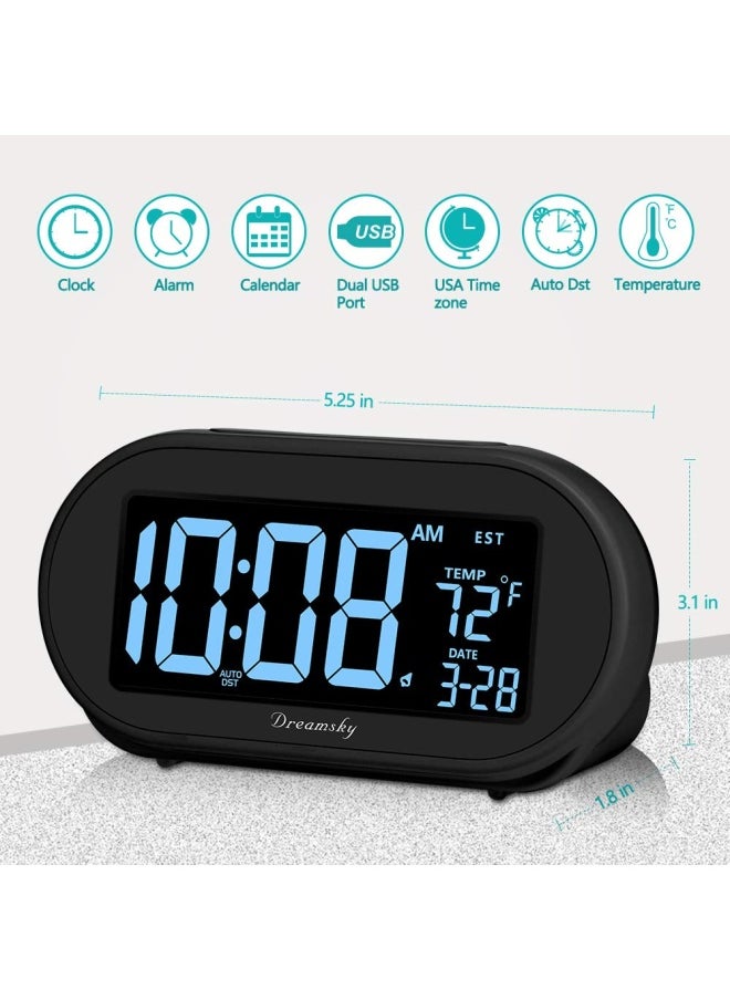 DreamSky - Alarm Clocks For Bedrooms Auto Set Digital Desk Clock For Bedside Nightstand Electric Clock With Dimmable Brightness Dimmer Auto Dst Usb Port Date Temperature Snooze - Image 1