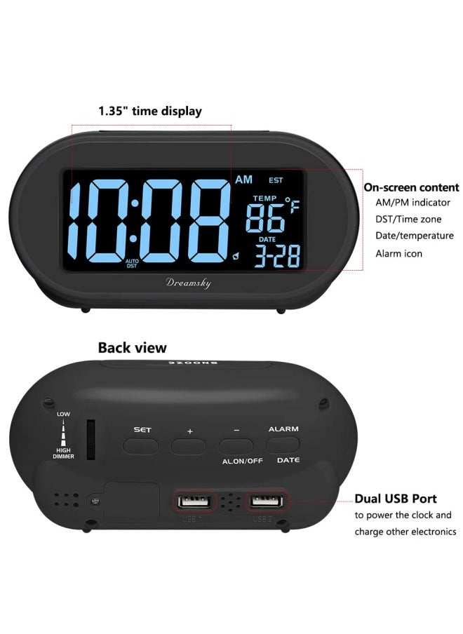 DreamSky - Alarm Clocks For Bedrooms Auto Set Digital Desk Clock For Bedside Nightstand Electric Clock With Dimmable Brightness Dimmer Auto Dst Usb Port Date Temperature Snooze - Image 1